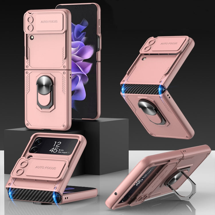 Samsung Galaxy Z Flip4 GKK Carbon Brazing Pattern Shockproof Armor PC Phone Case with Ring Holder (Pink)