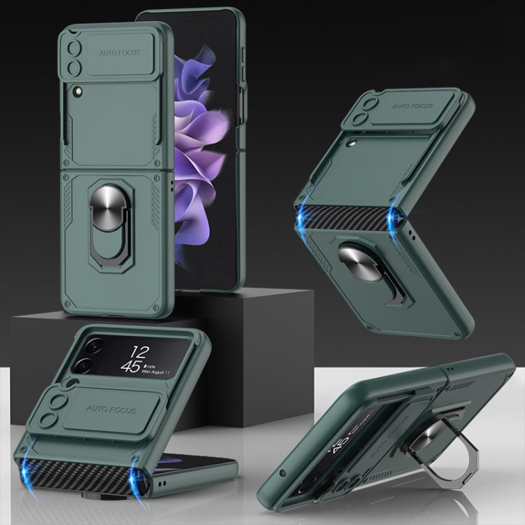 GKK Carbon Brazing Pattern Shockproof Armor PC Phone Case with Ring Holder (Green) for Samsung Galaxy Z Flip4