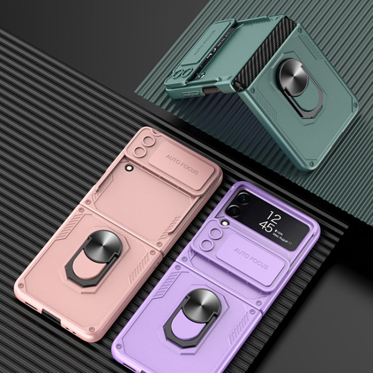 Samsung Galaxy Z Flip4 GKK Carbon Brazing Pattern Shockproof Armor PC Phone Case with Ring Holder (Pink)