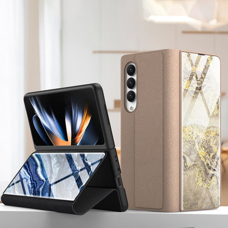 GKK Marble Pattern Electroplating Tempered Glass Leather Case for Samsung Galaxy Z Fold4 in Marble 01