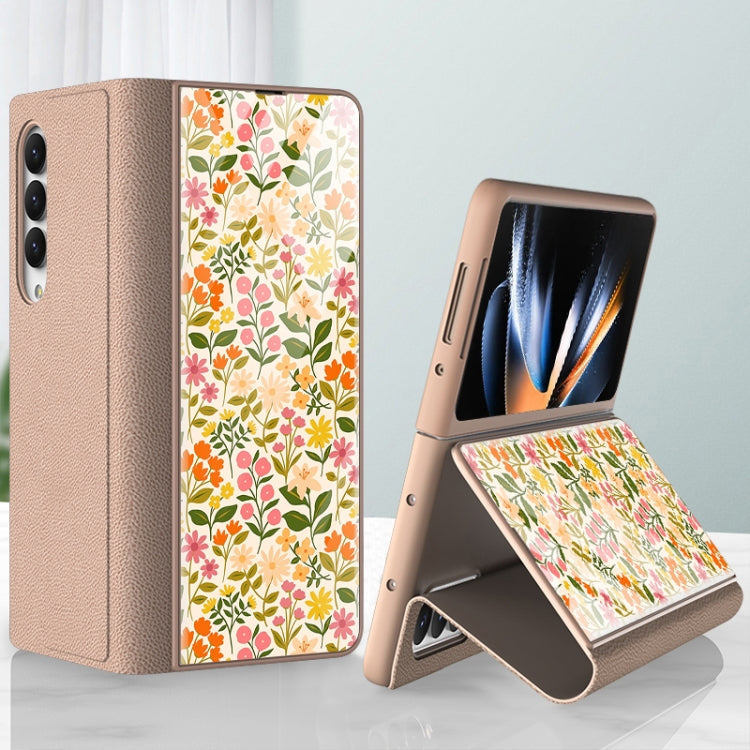 GKK Floral Pattern Electroplating Tempered Glass Leather Case for Samsung Galaxy Z Fold4 (Flower 02)