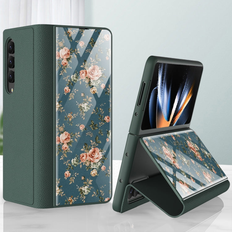 GKK Floral Pattern Electroplating Tempered Glass Leather Case for Samsung Galaxy Z Fold4 (Flower 04)