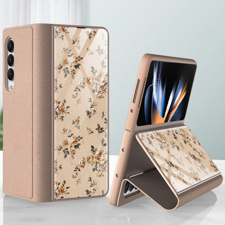 Samsung Galaxy Z Fold4 GKK Floral Pattern Electroplating Tempered Glass Leather Case (Flower 05)