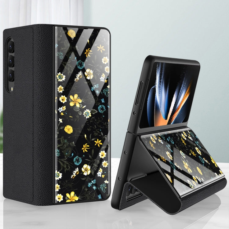 GKK Floral Pattern Electroplating Tempered Glass Leather Case for Samsung Galaxy Z Fold4 (Flower 06)