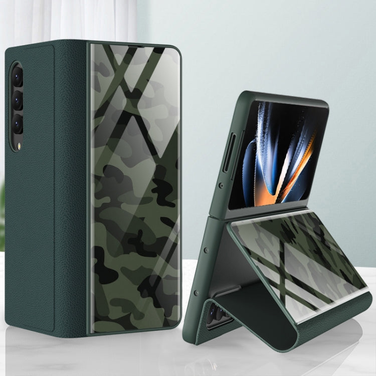 Samsung Galaxy Z Fold4 Camouflage Green Tempered Glass Leather Case with Texture Pattern