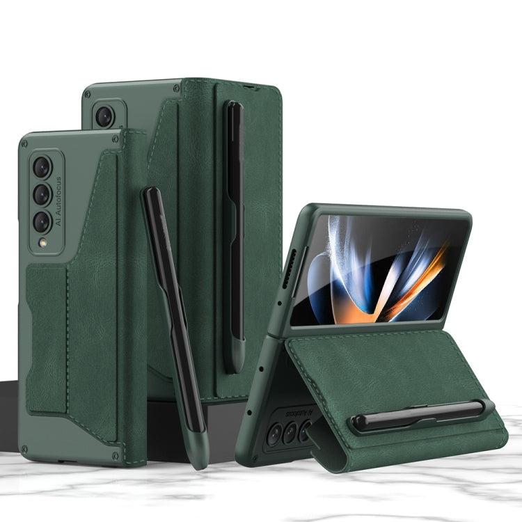 Night Green GKK Armor Flip Leather Phone Case for Samsung Galaxy Z Fold4 with Pen Slots
