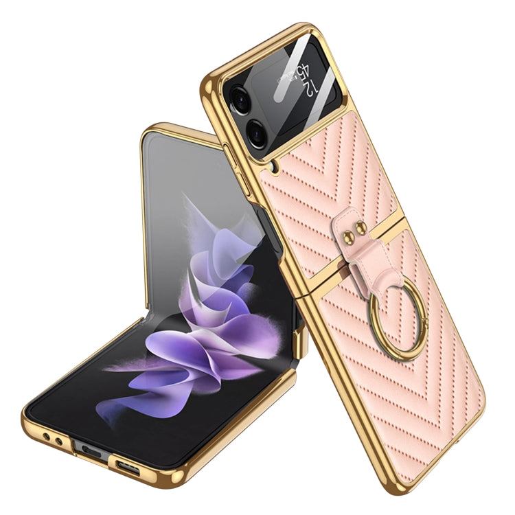 GKK Integrated Plating Vegan Leather Phone Case with Ring for Samsung Galaxy Z Flip4 (Pink)