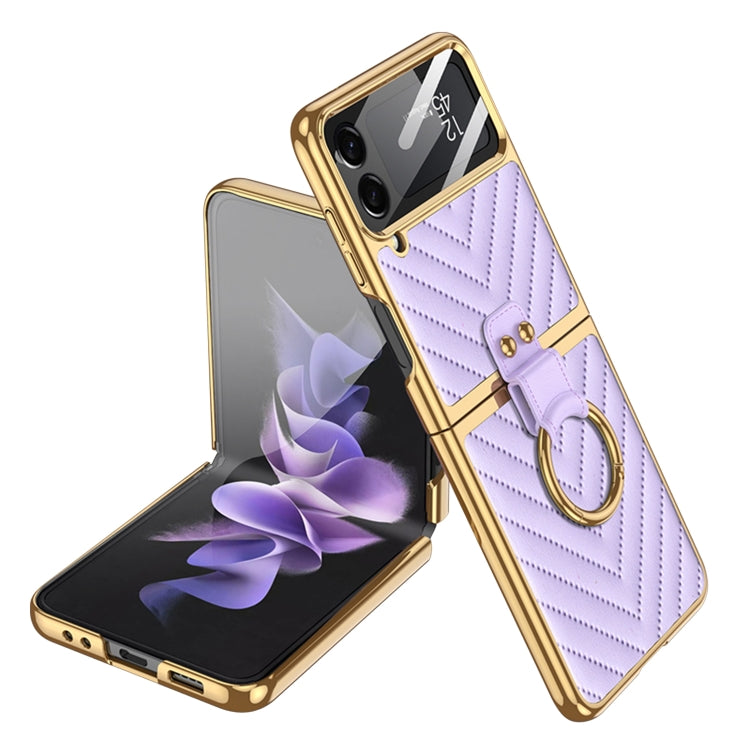 GKK Integrated Plating Vegan Leather Phone Case for Samsung Galaxy Z Flip4 with Ring (Purple)