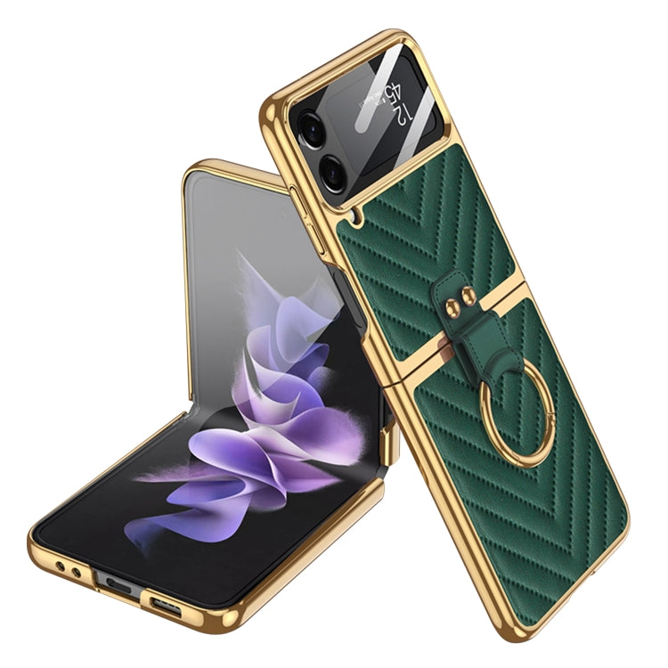 GKK Integrated Plating Vegan Leather Phone Case for Samsung Galaxy Z Flip4 - Dark Green with Ring