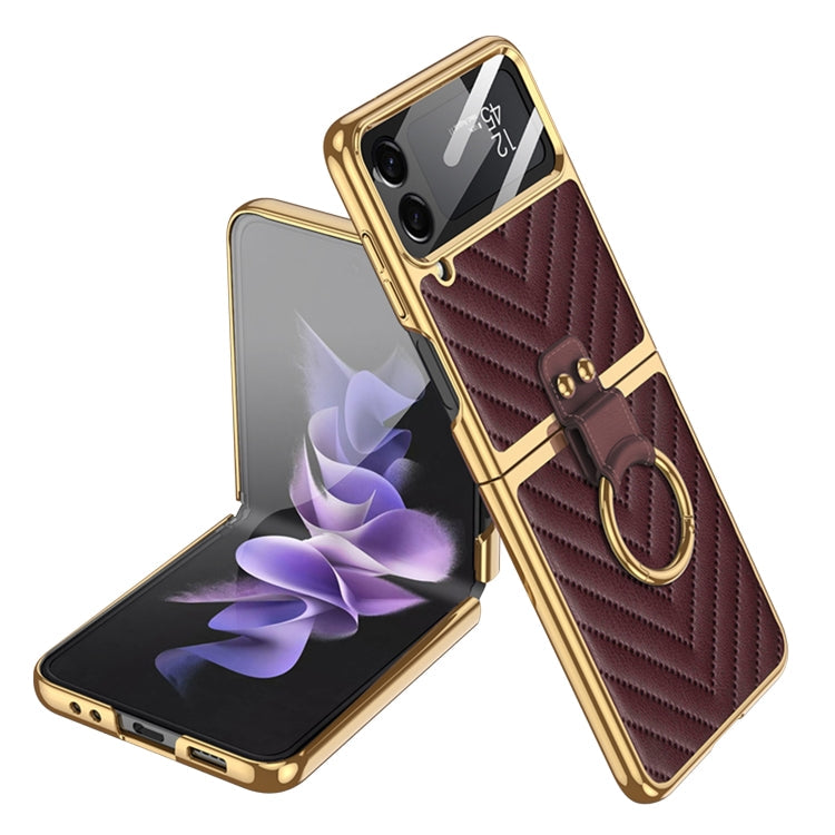 Dark Red GKK Integrated Plating Vegan Leather Phone Case with Ring for Samsung Galaxy Z Flip4