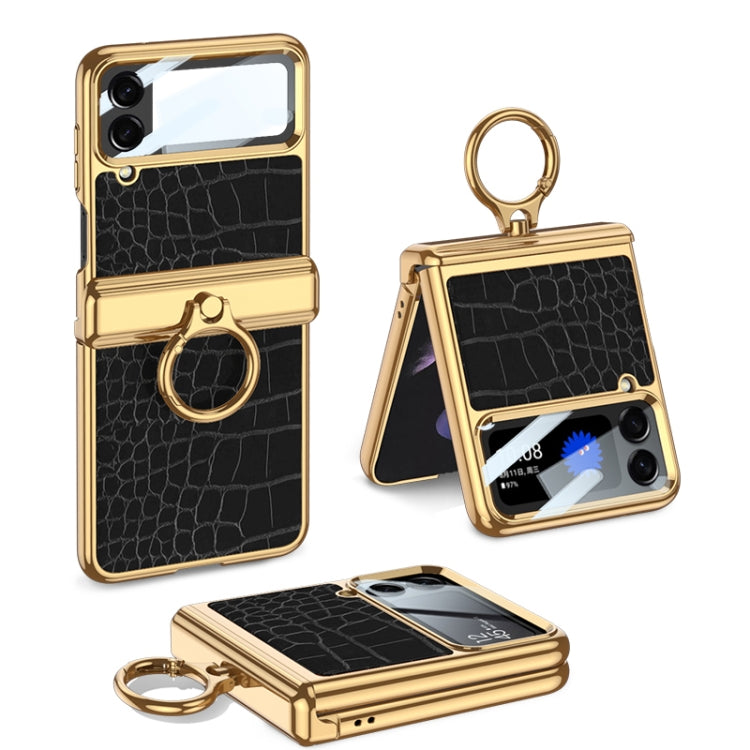 Samsung Galaxy Z Flip 4 GKK Integrated Plating + Leather Flip Phone Case (Crocodile Black)