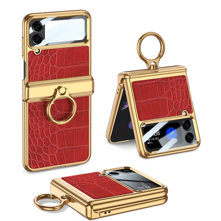 GKK Integrated Plating and Leather Flip Phone Case for Samsung Galaxy Z Flip4 in Crocodile Red