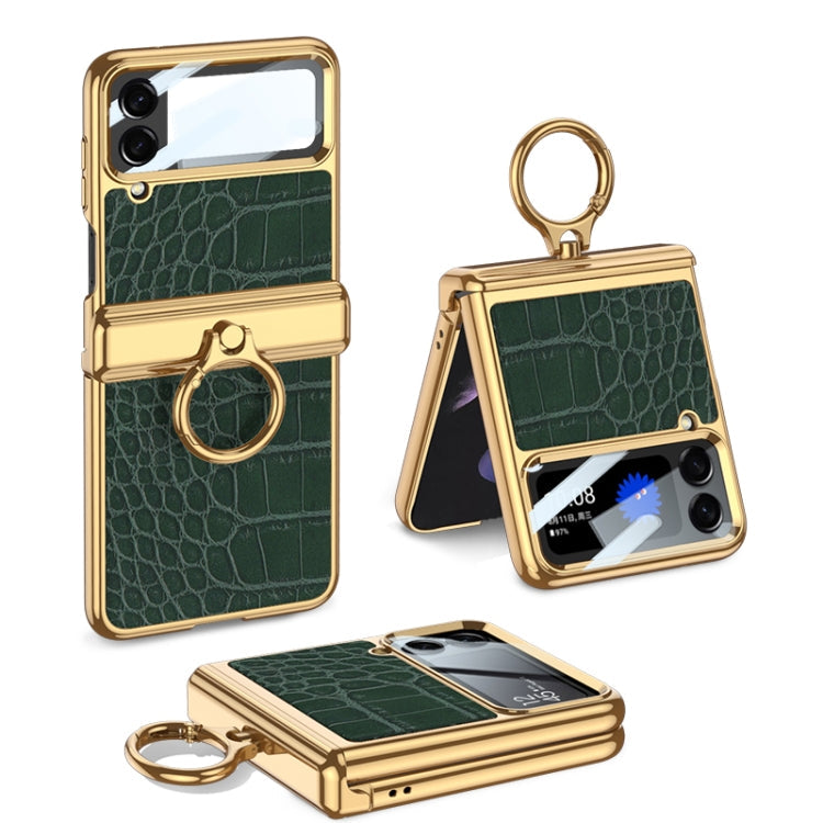 GKK Integrated Plating + Leather Flip Phone Case for Samsung Galaxy Z Flip4 - Crocodile Green