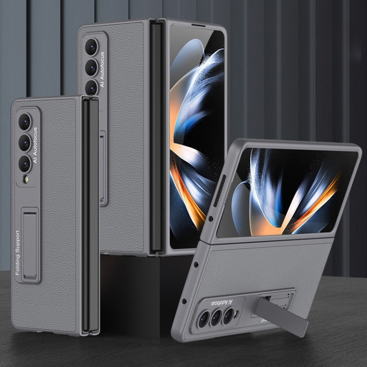 GKK Ultra-thin Plain Leather Full Phone Case with Stand for Samsung Galaxy Z Fold4 (Grey)