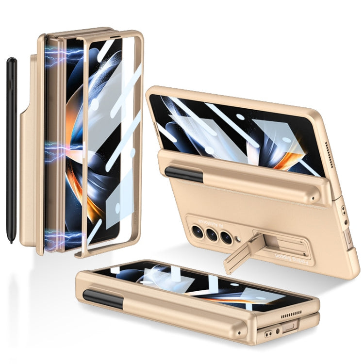 Samsung Galaxy Z Fold4 GKK Magnetic Hinge Flip Phone Case with Pen Holder & Holder(Champagne Gold)