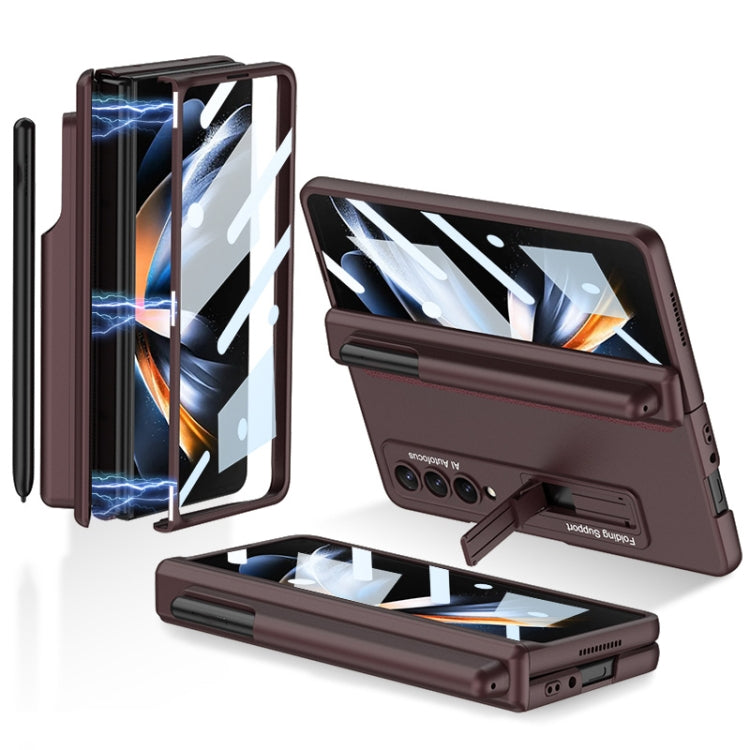 Wine Red Magnetic Hinge Flip Phone Case for Samsung Galaxy Z Fold4 with Pen Holder
