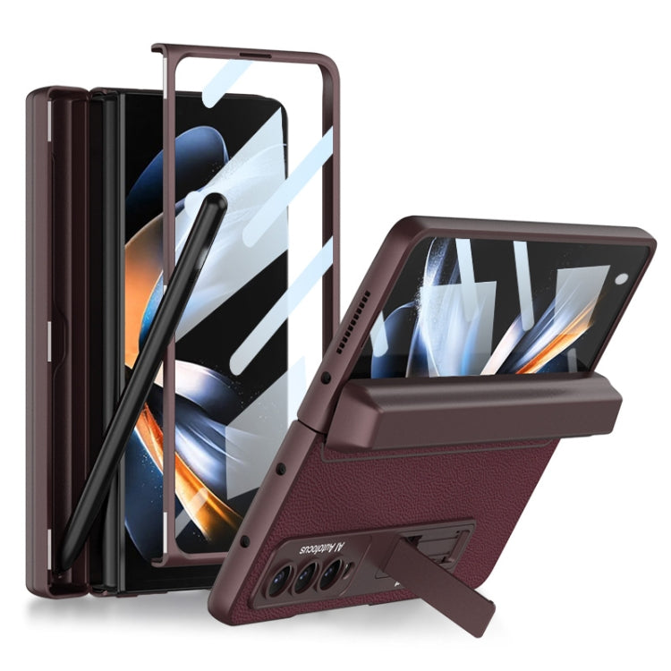 Samsung Galaxy Z Fold4 GKK Wine Red Leather Phone Case with Integrated Magnetic Flip and Pen Box