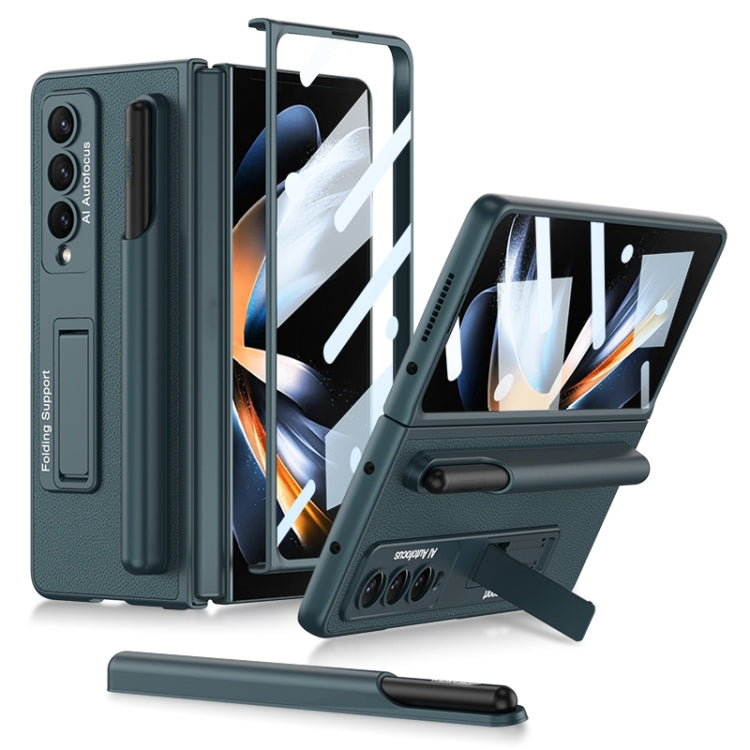 GKK Ultra-thin Shockproof Leather Protective Case for Samsung Galaxy Z Fold4 with Holder & Pen Slots(Dark Night Green)