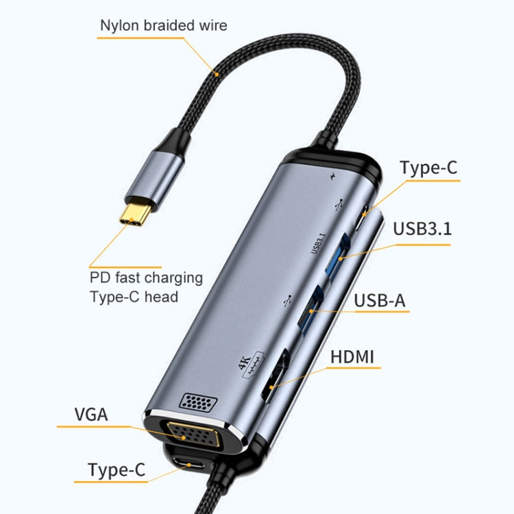 6 in 1 Type-C Multifunctional Adapter with HDMI, VGA, and USB Inputs
