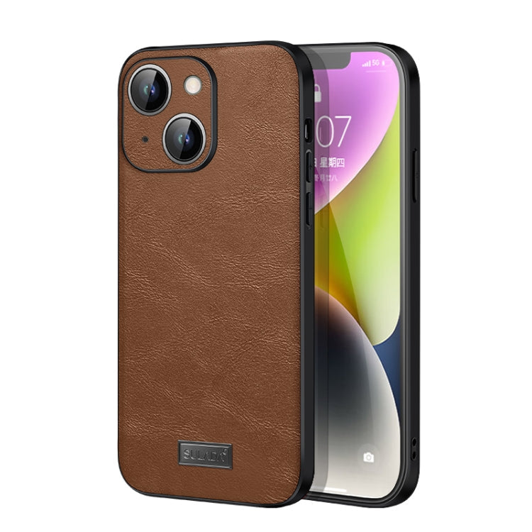 SULADA Shockproof TPU + Handmade Leather Phone Case for iPhone 14 Plus (Brown)