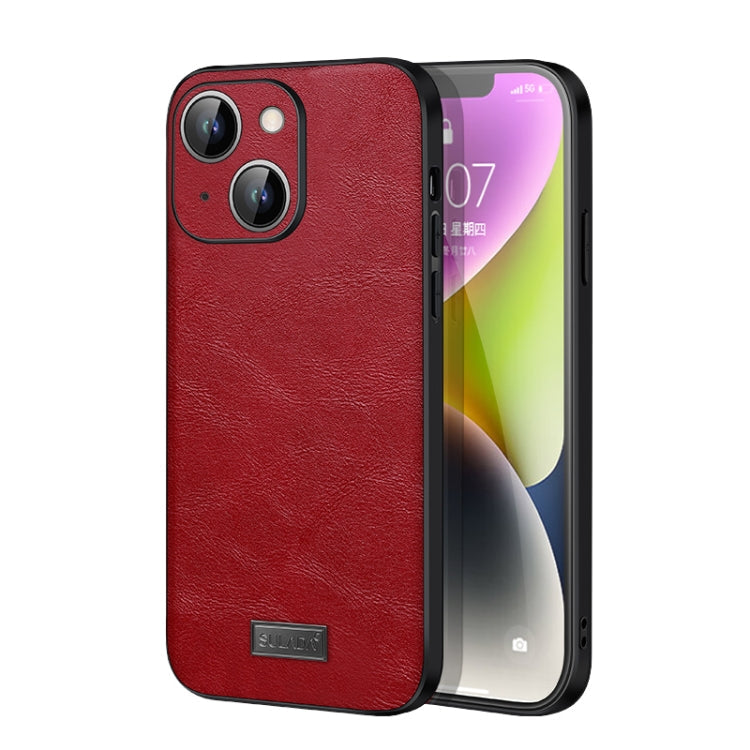 SULADA Shockproof TPU + Handmade Leather Phone Case for iPhone 14 Plus (Red)