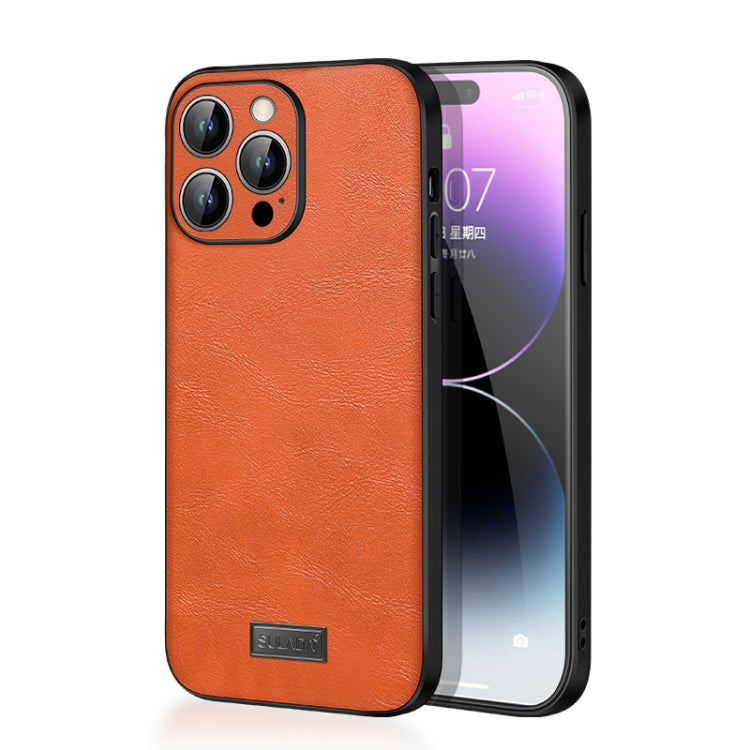 SULADA Shockproof TPU + Handmade Leather Phone Case for iPhone 14 Pro (Orange)