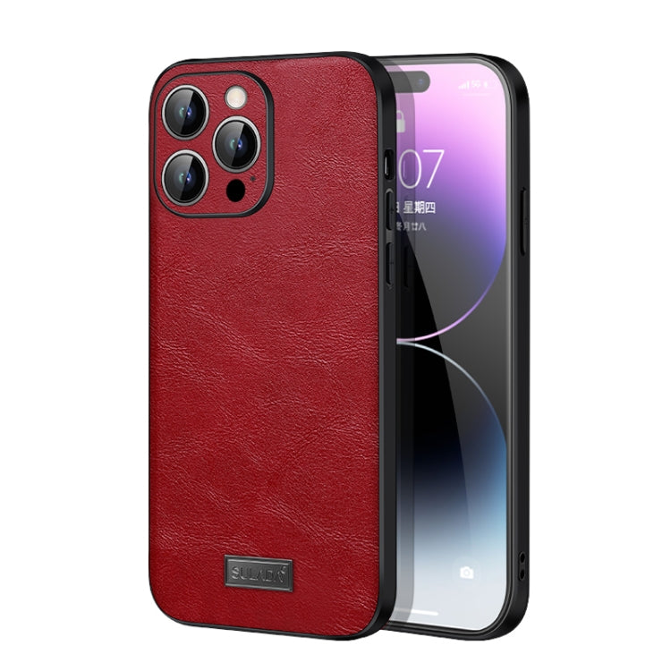 SULADA Shockproof TPU + Handmade Leather Phone Case for iPhone 14 Pro Max (Red)