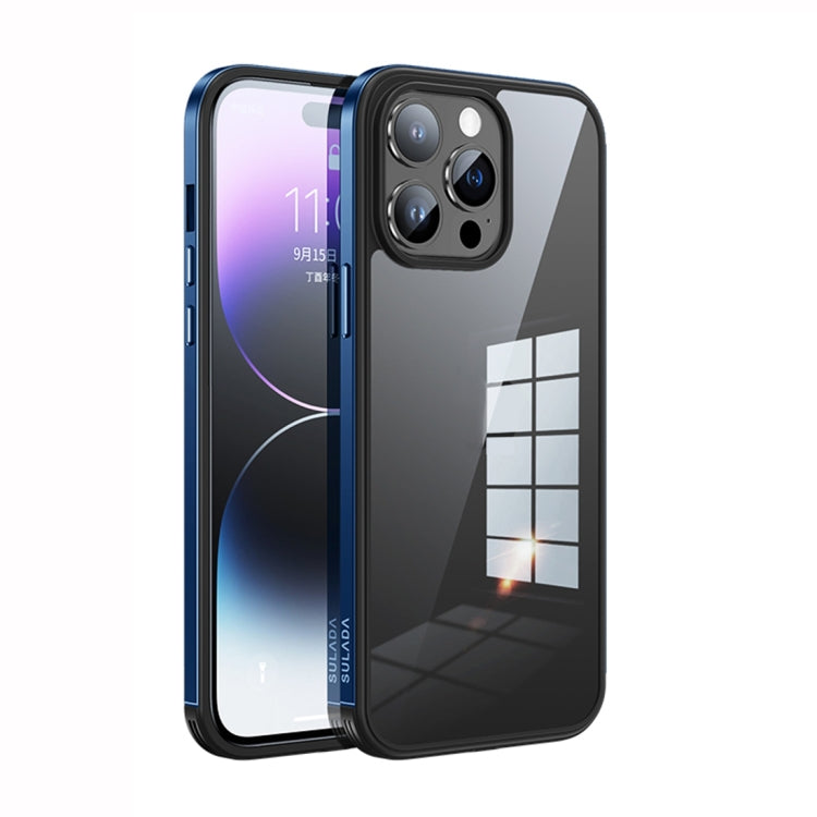 SULADA Metal Frame + Nano Glass + TPU Phone Case for iPhone 14 Pro (Dark Blue)