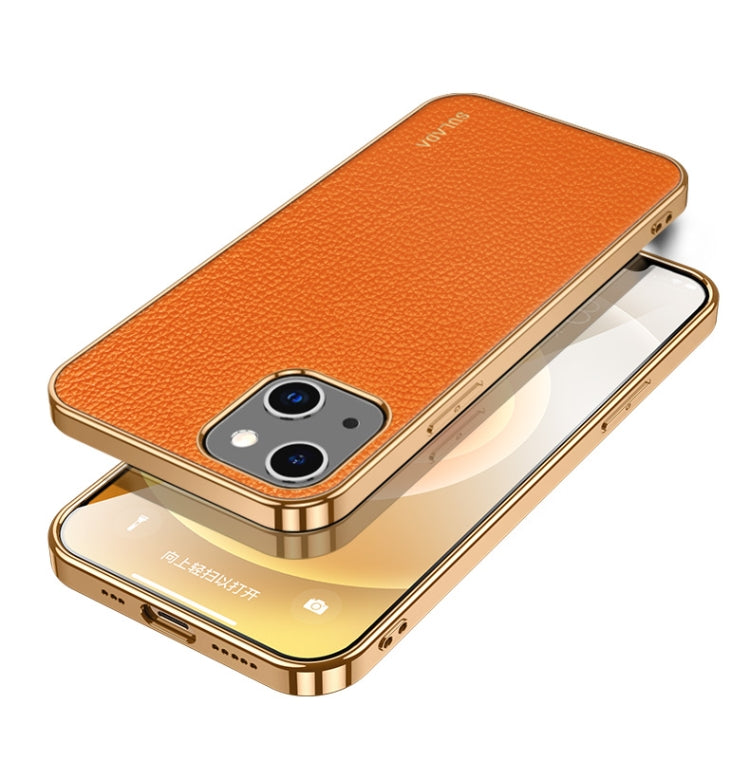 SULADA Shockproof TPU + Handmade Leather Phone Case for iPhone 14 (Orange)