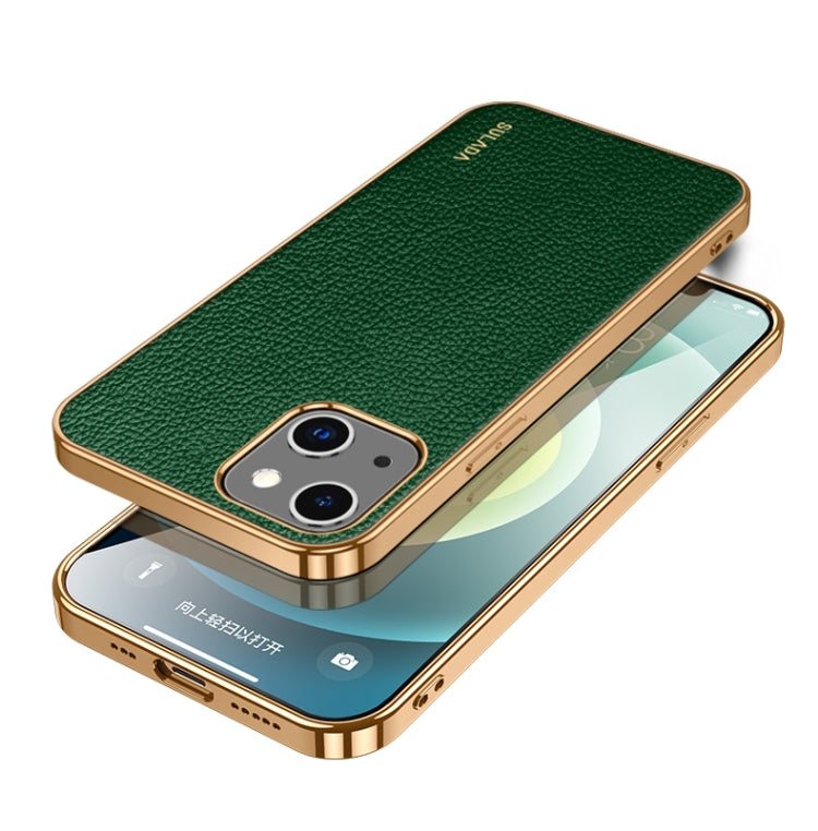 SULADA Shockproof TPU + Handmade Leather Phone Case for iPhone 14 Plus (Green)