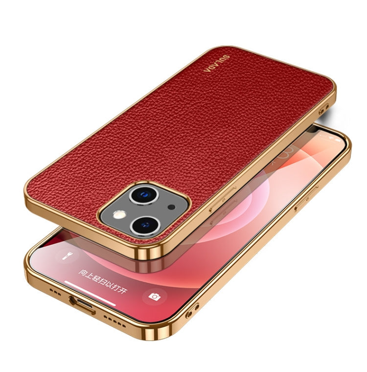 SULADA Red Shockproof TPU + Handmade Leather Phone Case for iPhone 14 Plus