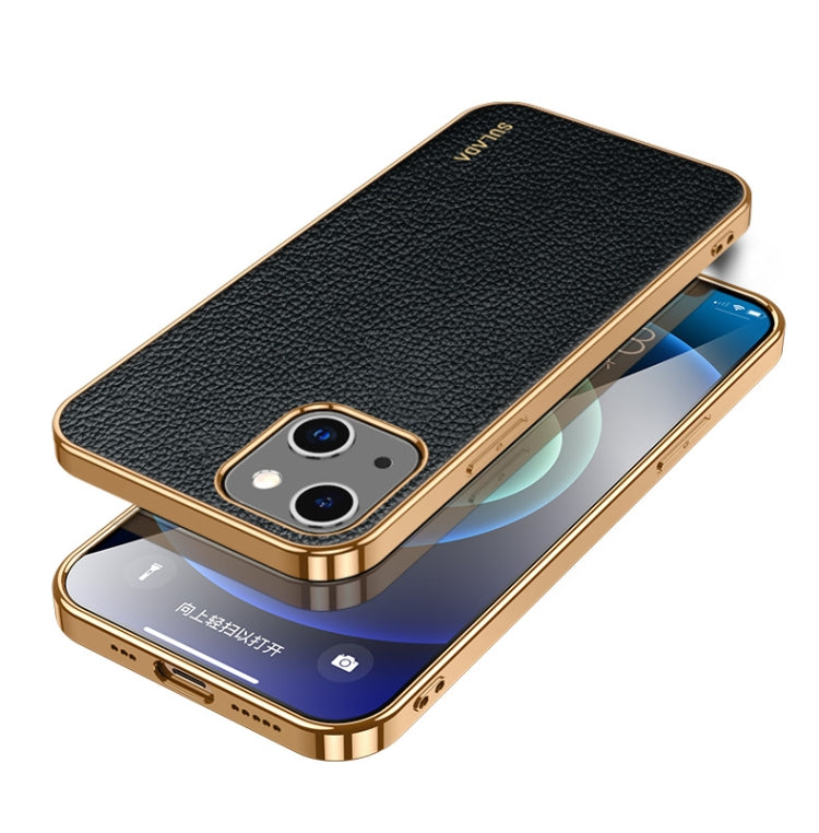 SULADA Shockproof TPU + Handmade Leather Phone Case for iPhone 14 Plus (Black)