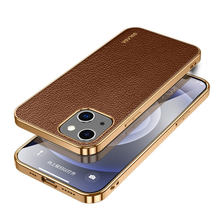 SULADA Shockproof TPU + Handmade Leather Phone Case for iPhone 14 Plus (Brown)