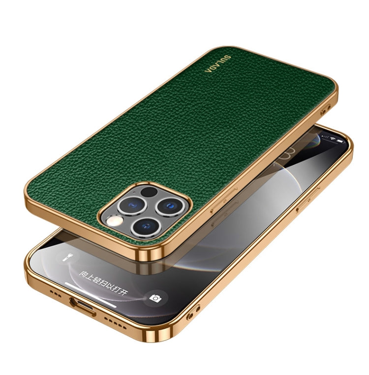 SULADA Shockproof TPU + Handmade Leather Phone Case for iPhone 14 Pro (Green)
