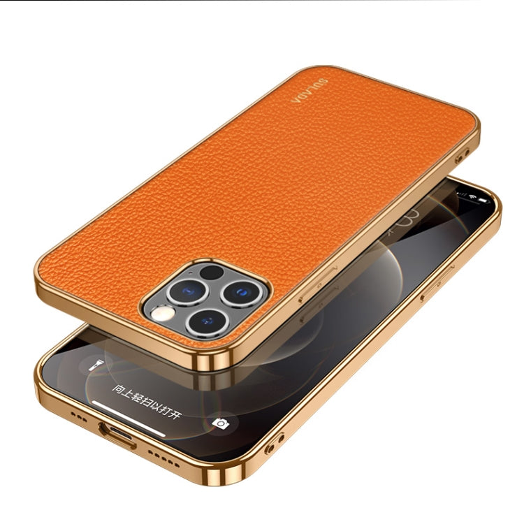 SULADA Shockproof TPU + Handmade Leather Phone Case for iPhone 14 Pro Max (Orange)