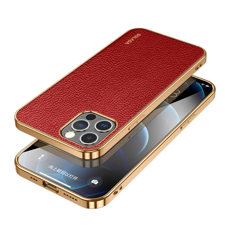 SULADA Shockproof TPU + Handmade Leather Phone Case for iPhone 14 Pro Max (Red)