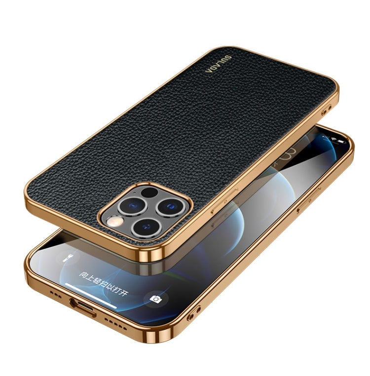 SULADA Shockproof TPU + Handmade Leather Phone Case for iPhone 14 Pro Max (Black)