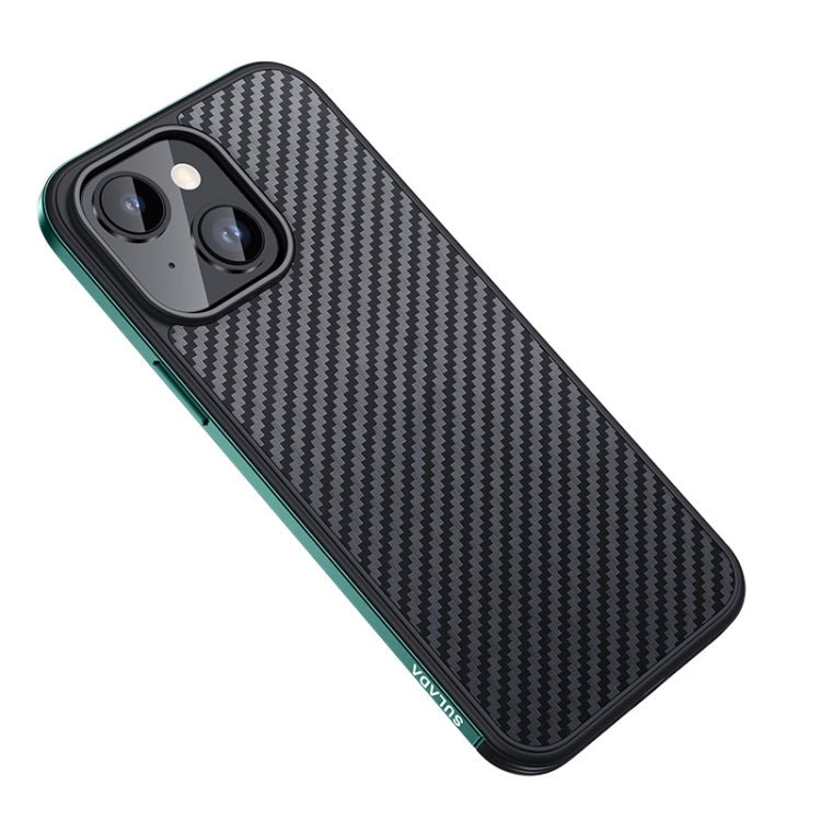 SULADA Carbon Fiber Textured Shockproof Metal + TPU Frame Case for iPhone 14 (Dark Green)