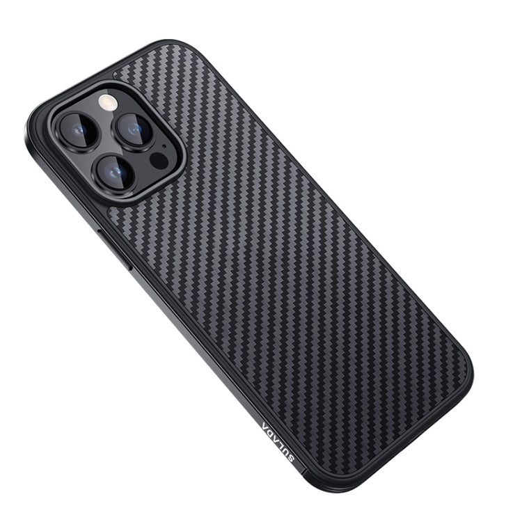 SULADA Carbon Fiber Textured Shockproof Metal + TPU Frame Case for iPhone 14 Pro (Black)