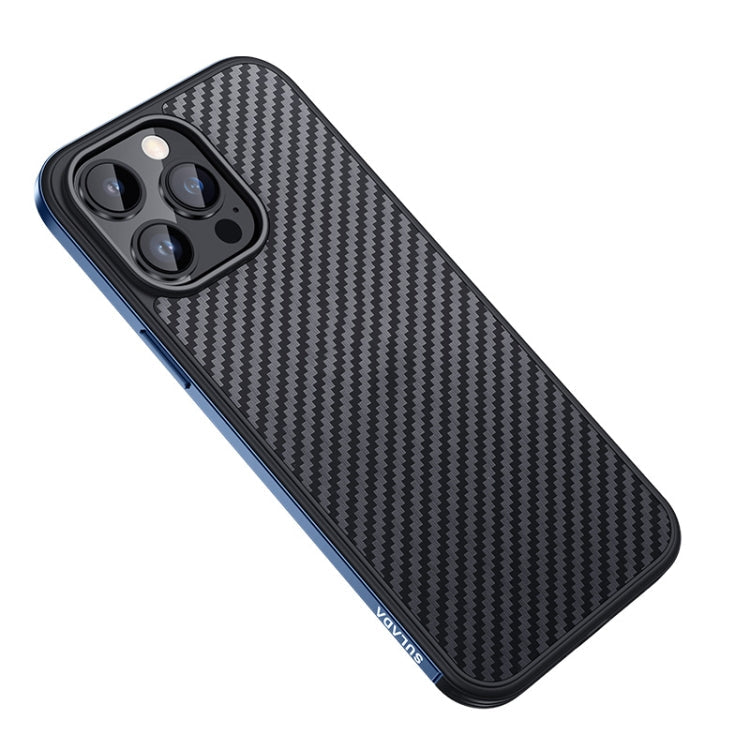 SULADA Carbon Fiber Textured Shockproof Metal + TPU Frame Case for iPhone 14 Pro Max (Dark Blue)