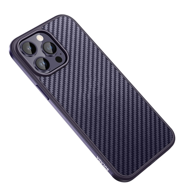 Carbon Fiber Textured Shockproof Metal + TPU Frame Case for iPhone 14 Pro Max (Dark Purple)