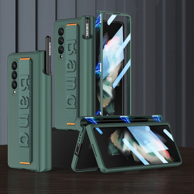 GKK Magnetic Fold Hinge Shockproof Phone Case for Samsung Galaxy Z Fold3 5G with Wrist Strap (Green)