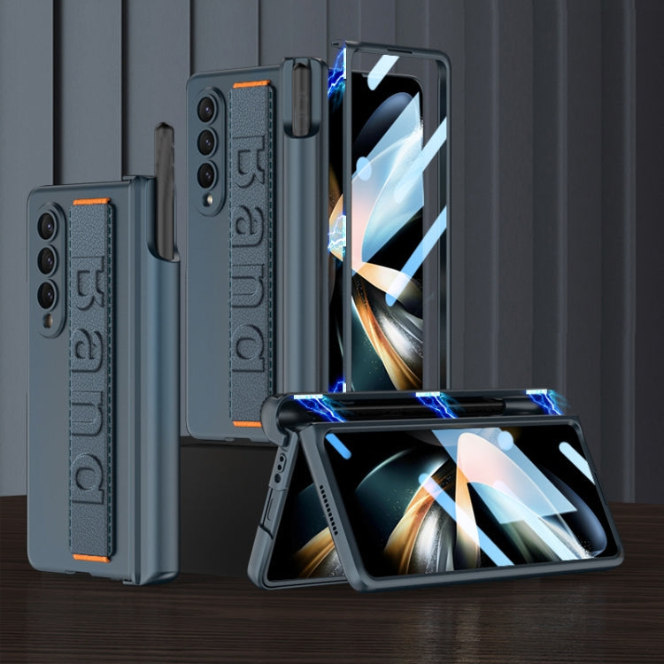 GKK Magnetic Fold Hinge Shockproof Phone Case with Wrist Strap for Samsung Galaxy Z Fold4 (Navy Blue)