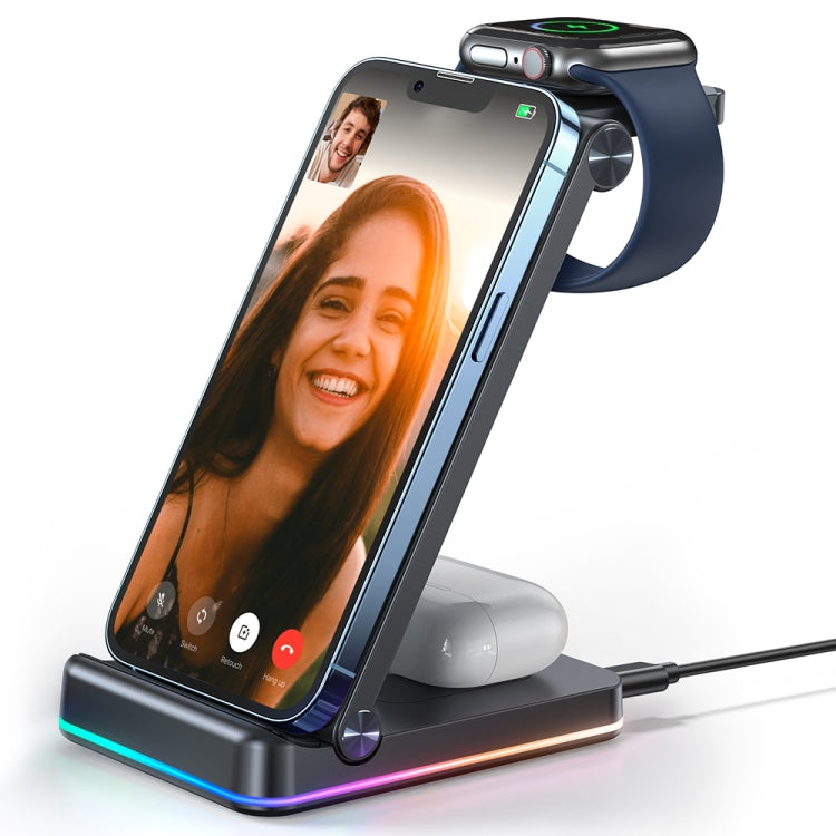 15W 3 in 1 Foldable Wireless Charger with Colorful LED Lighting (Black)
