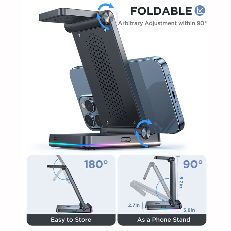 15W 3 in 1 Foldable Wireless Charger with Colorful LED Lighting (Black)
