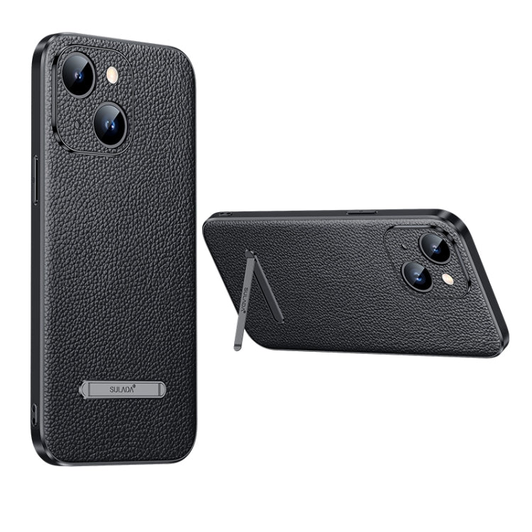 Famous Artisan Series Litchi Leather PC + TPU Phone Case for iPhone 14 Plus - Black