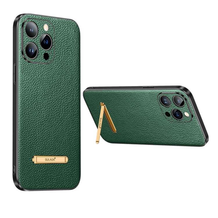 SULADA Famous Artisan Series Litchi Leather PC + TPU Phone Case for iPhone 14 Pro - Dark Green
