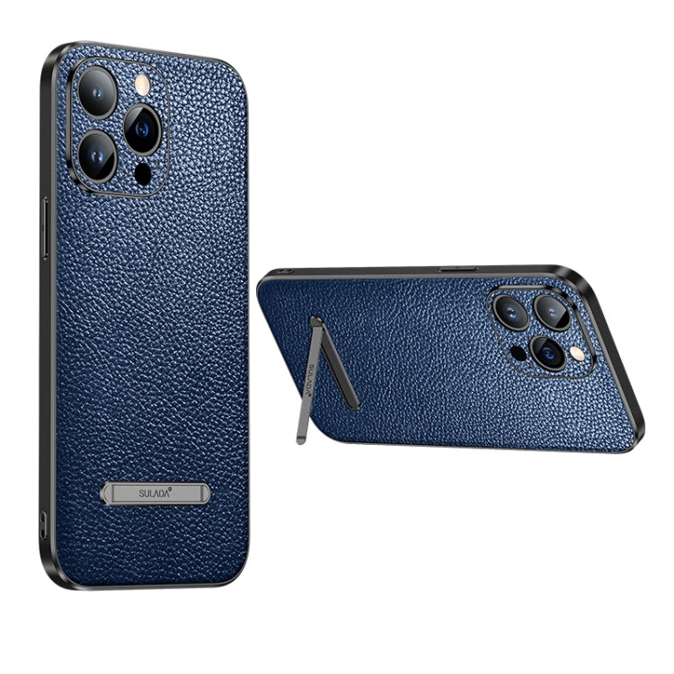Invisible Bracket Leather Back Cover Phone Case for iPhone 14 Pro Max, Blue