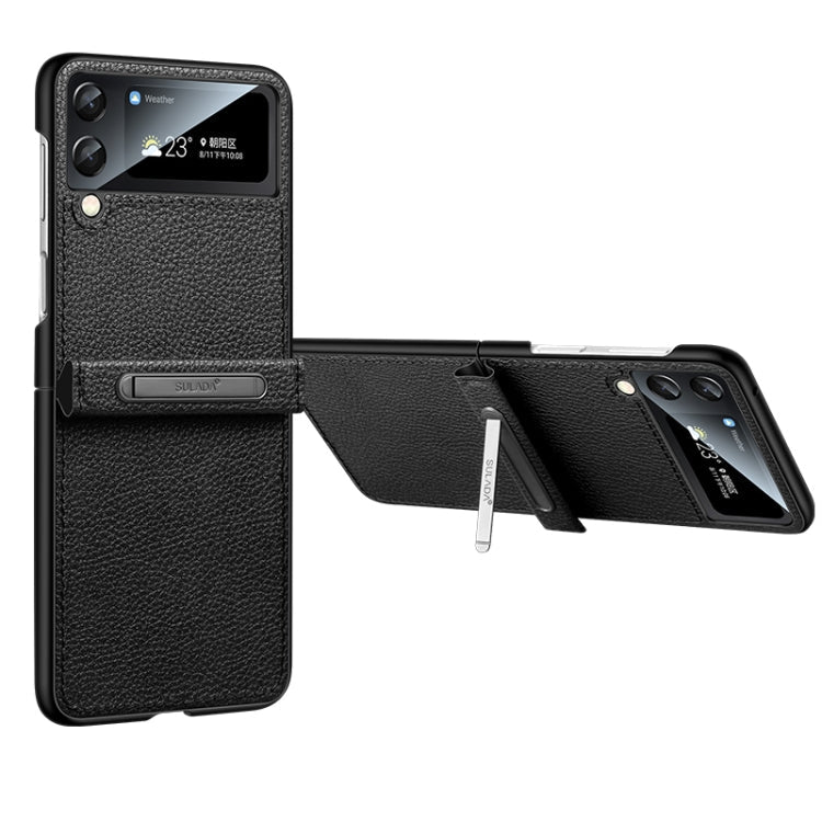 SULADA Black Leather Back Cover Phone Case for Samsung Galaxy Z Flip4 with Invisible Bracket