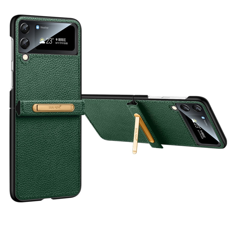 SULADA Dark Green Leather Back Cover Phone Case for Samsung Galaxy Z Flip4 with Invisible Bracket